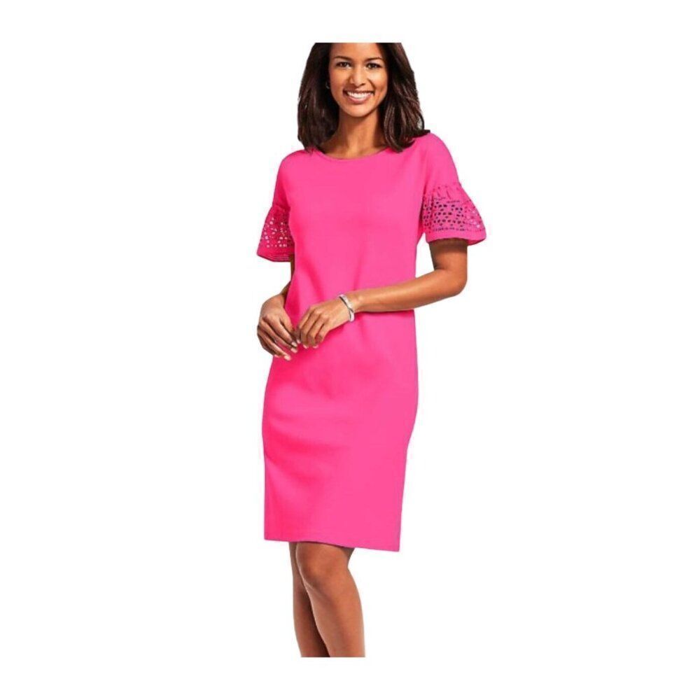 Talbots Women's Pink Dress With Crochet Sleeves Size M 100% Cotton